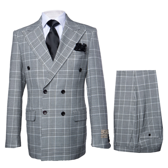 Suits With Baggy Pleated Pants - Wide Leg Pants 100% Wool - Classic Fit in Black and White Plaid Color by Rossiman