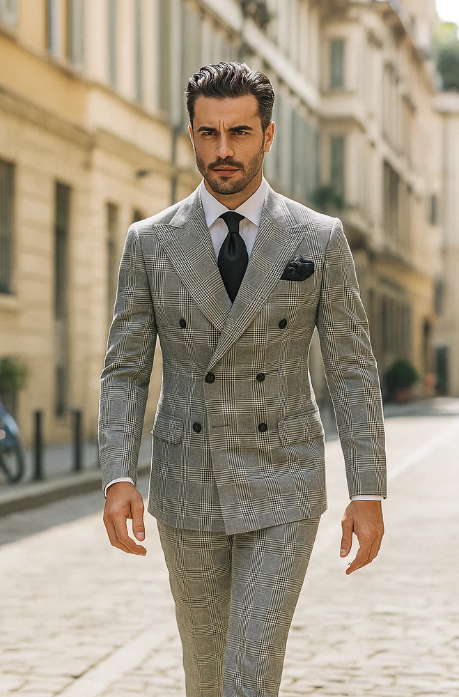 Suits With Baggy Pleated Pants - Wide Leg Pants 100% Wool - Classic Fit in Black and White Plaid Color by Rossiman