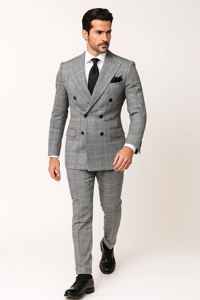 Suits With Baggy Pleated Pants - Wide Leg Pants 100% Wool - Classic Fit in Black and White Plaid Color by Rossiman