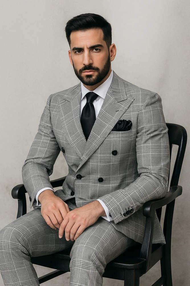 Suits With Baggy Pleated Pants - Wide Leg Pants 100% Wool - Classic Fit in Black and White Plaid Color by Rossiman