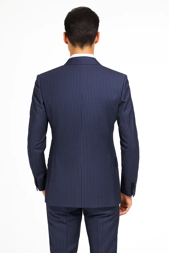 Suits With Baggy Pleated Pants - Wide Leg Pants 100% Wool - Classic Fit in Navy with White Pinstripe Color by Rossiman