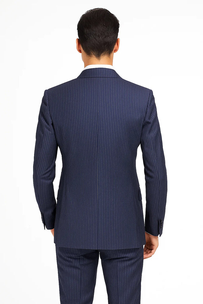 Suits With Baggy Pleated Pants - Wide Leg Pants 100% Wool - Classic Fit in Navy with White Pinstripe Color by Rossiman