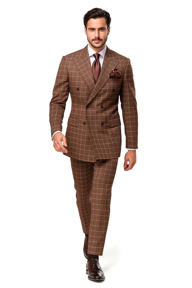 Suits With Baggy Pleated Pants - Wide Leg Pants 100% Wool - Classic Fit in Brown Plaid Color by Rossiman