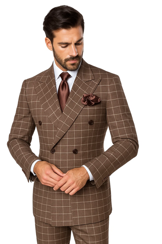 Suits With Baggy Pleated Pants - Wide Leg Pants 100% Wool - Classic Fit in Brown Plaid Color by Rossiman