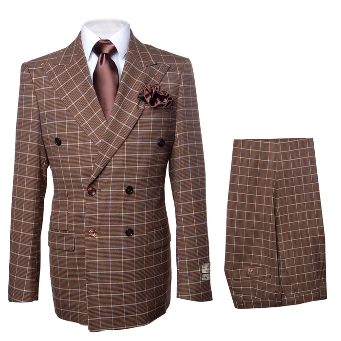 Suits With Baggy Pleated Pants - Wide Leg Pants 100% Wool - Classic Fit in Brown Plaid Color by Rossiman