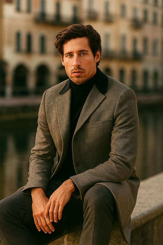 Herringbone Wool & Cashmere Chesterfield Overcoat – 1920s Full Length