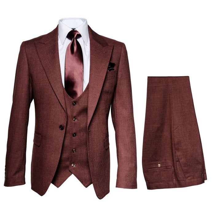 Chestnut Terra 3-Piece Modern Wedding Suit with Wine Satin