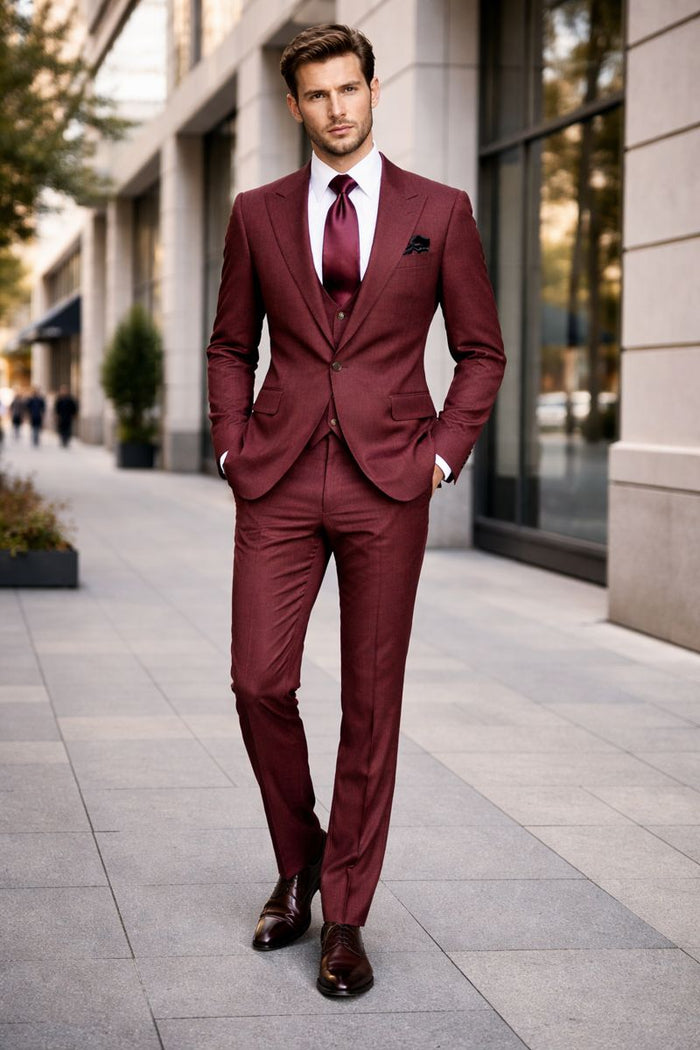 Chestnut Terra 3-Piece Modern Wedding Suit with Wine Satin