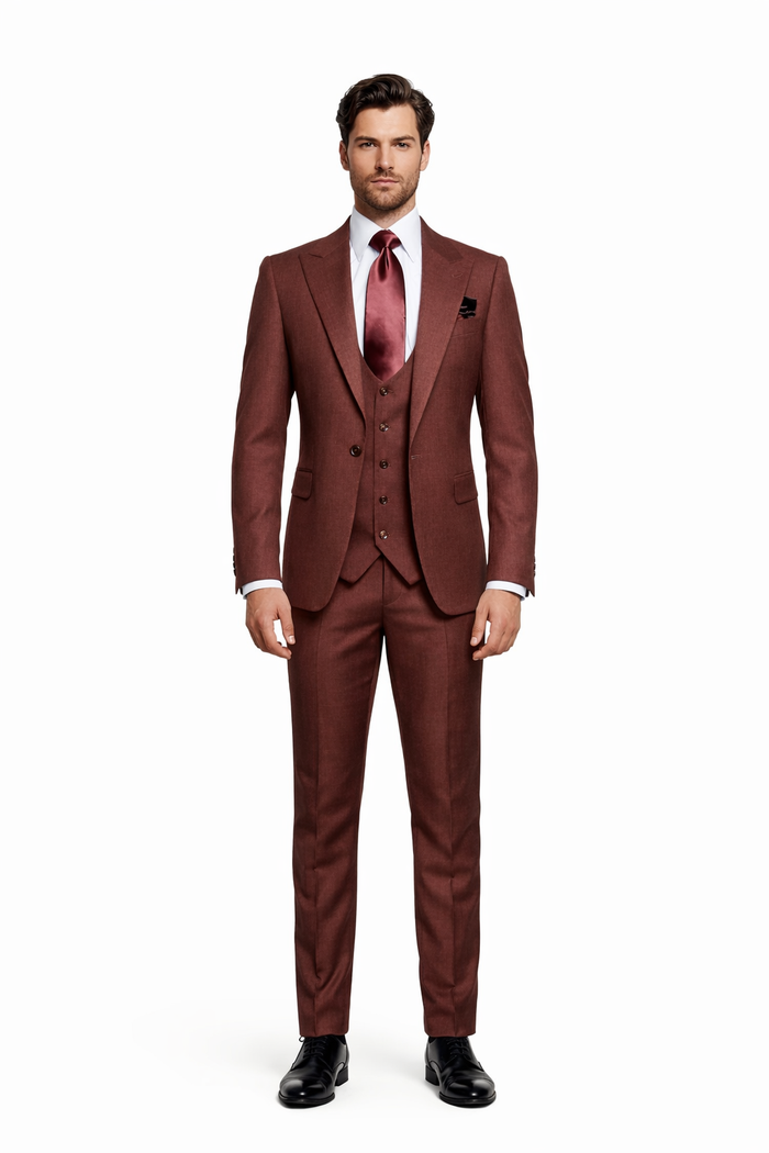 Chestnut Terra 3-Piece Modern Wedding Suit with Wine Satin