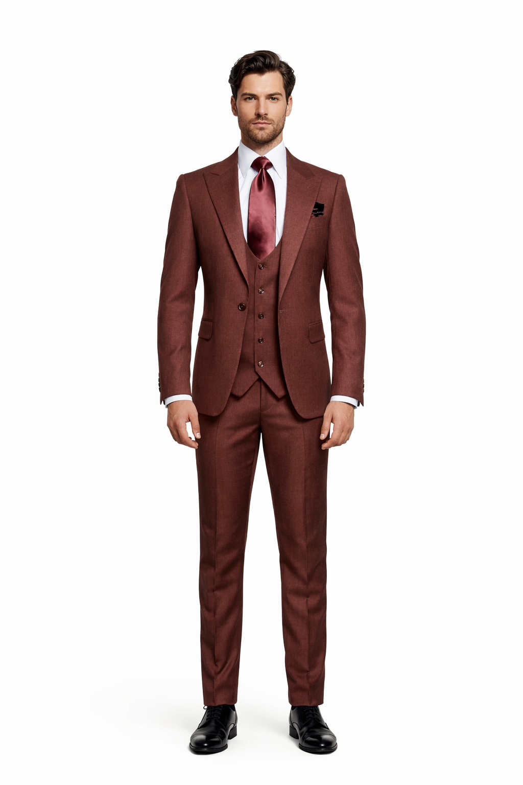 Chestnut Terra 3-Piece Modern Wedding Suit with Wine Satin ...