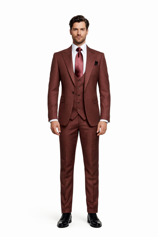 Chestnut Terra 3-Piece Modern Wedding Suit with Wine Satin