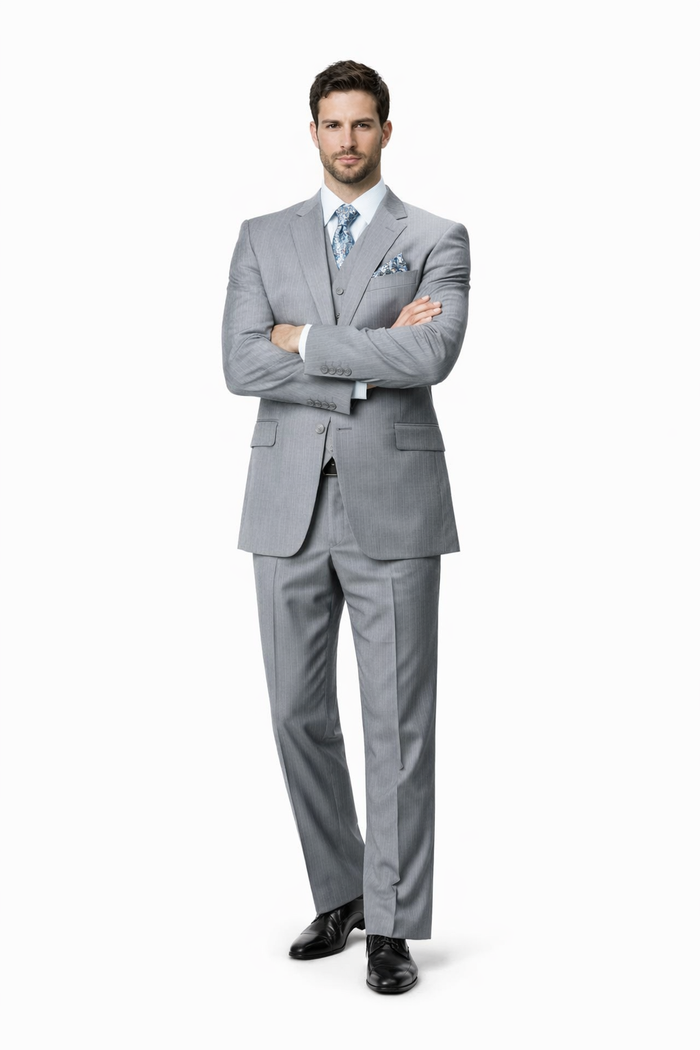 Classic 3PC 2 Button Suit Super 150's 1 Pleat Pants Italian Fabric Gray