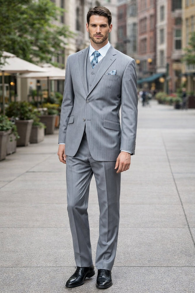 Classic 3PC 2 Button Suit Super 150's 1 Pleat Pants Italian Fabric Gray