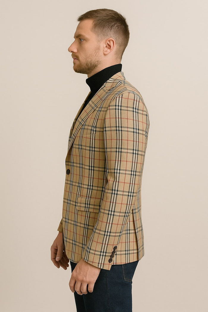 Classic Beige Checkered Blazer – Tan Plaid Sport Coat - Camel Windowpane Pattern