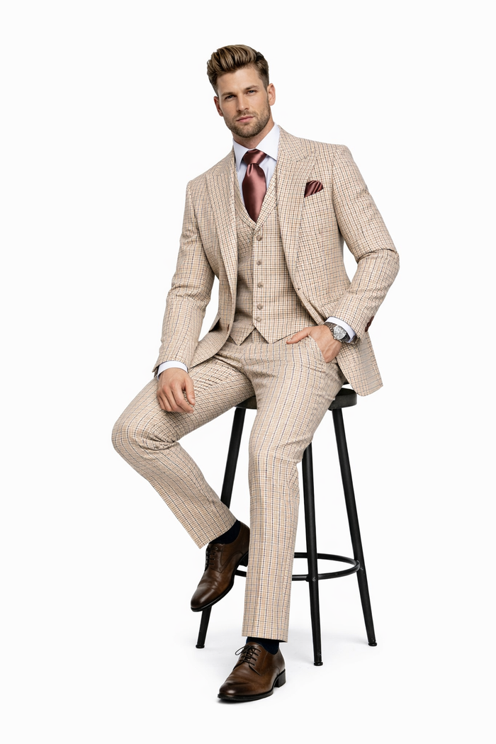 Beige Heritage Microcheck 3-Piece Tailored Elegance Suit