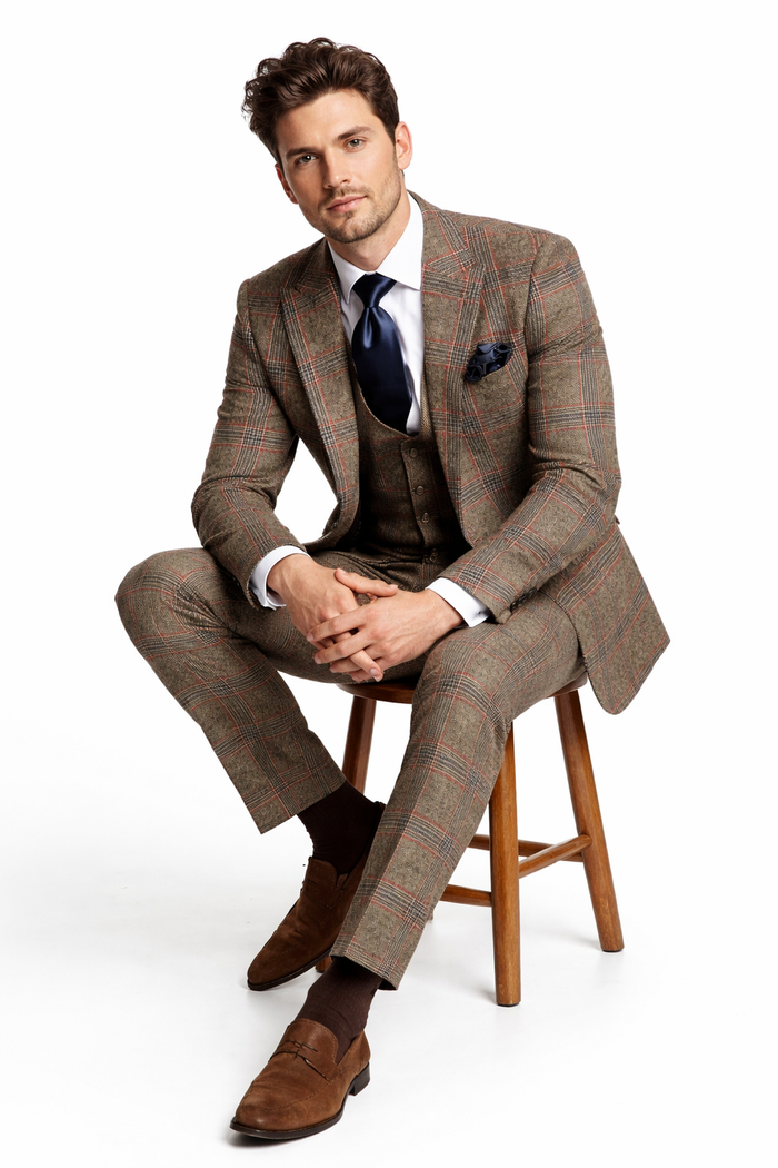 Mens Rossiman Brown Plaid 3-Piece Vested Suit – Classic Tailored Fit