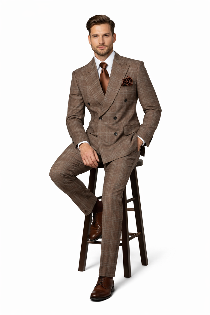 Brown Windsor Plaid Double-Breasted 3-Piece Executive Suit by Rossiman