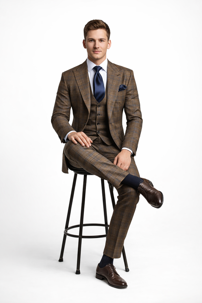 Vintage Camel-Navy Windowpane 3-Piece Gentleman’s Suit for Formal Elegance