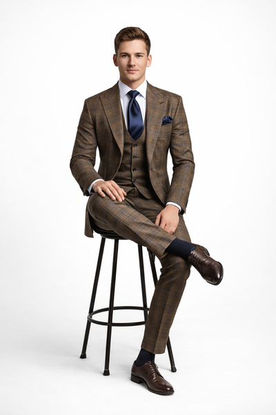 Vintage Camel-Navy Windowpane 3-Piece Gentleman’s Suit for Formal Elegance
