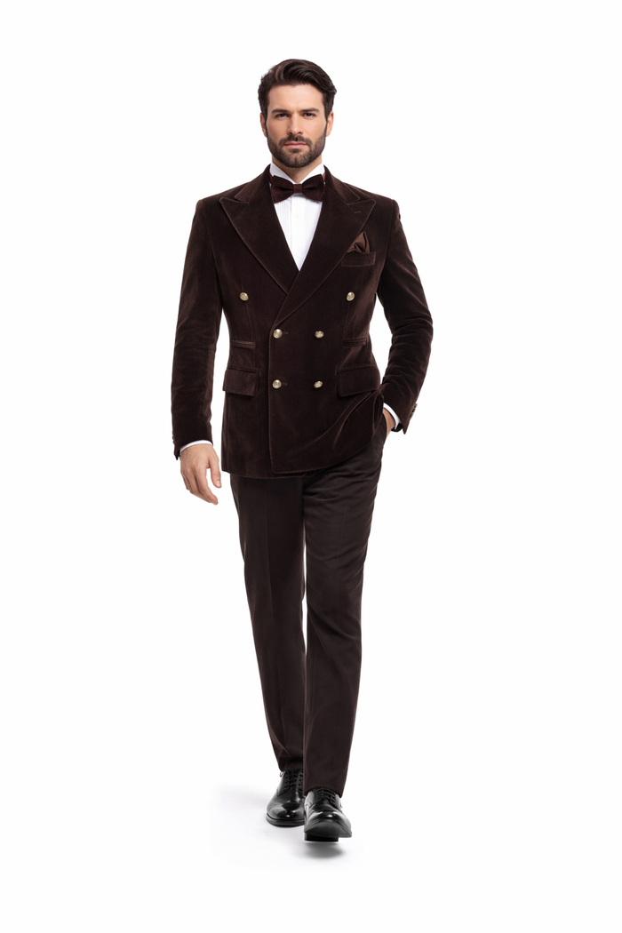 Cocoa Regent Velvet Double-Breasted Tuxedo Suit by Rossiman