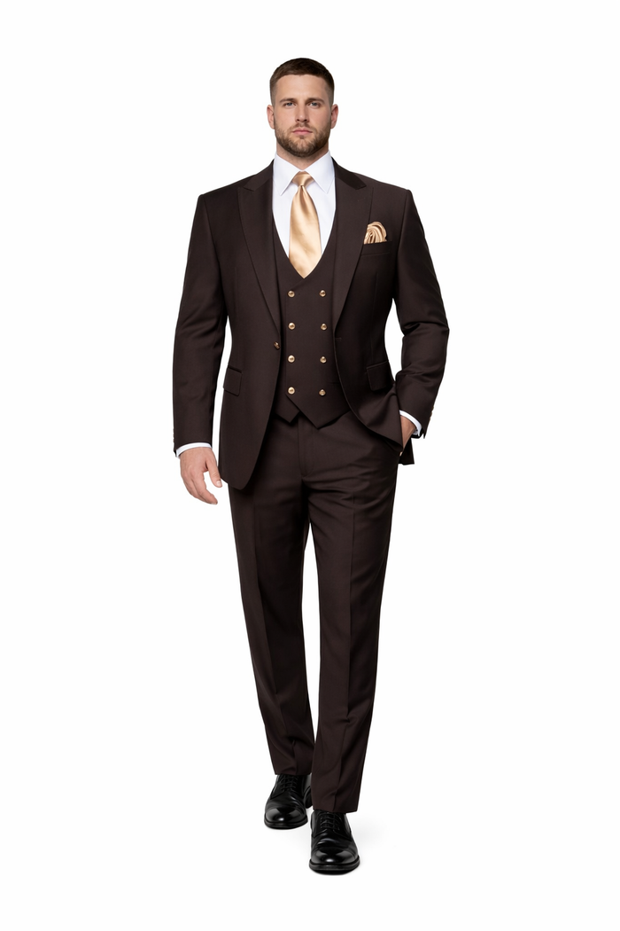 Espresso Brown 3-Piece Luxury Wedding Suit with Gold Accents