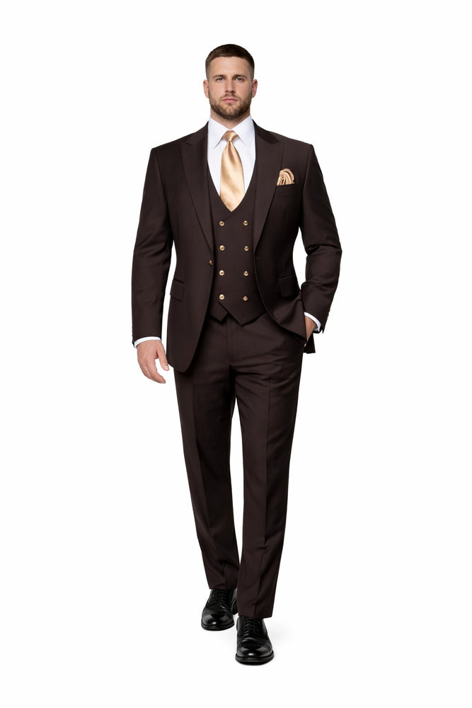 Espresso Brown 3-Piece Luxury Wedding Suit with Gold Accents