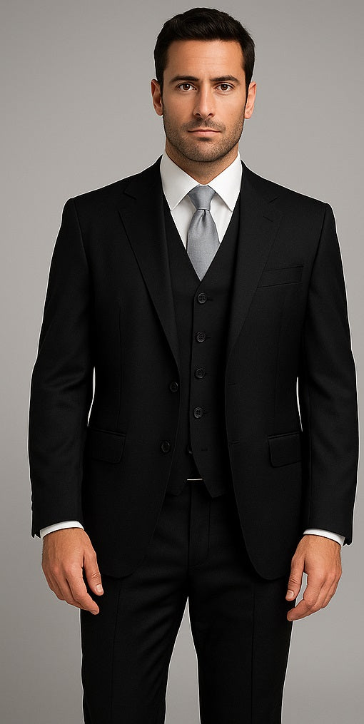 Classic Fit - Black Suit - Three Button Vested Suit - Athletic Fit - 100% Percent Wool Fabric Suit - Worsted Wool Business Suit main image 1
