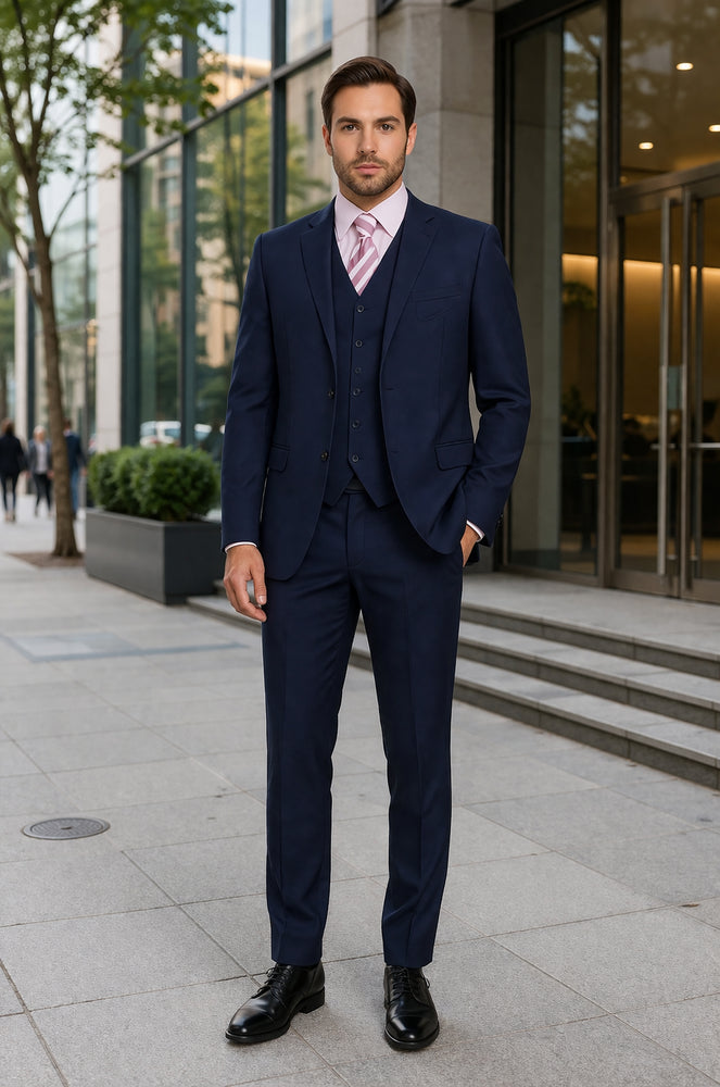 Classic Fit - Navy Suit - Three Button Vested Suit - Athletic Fit