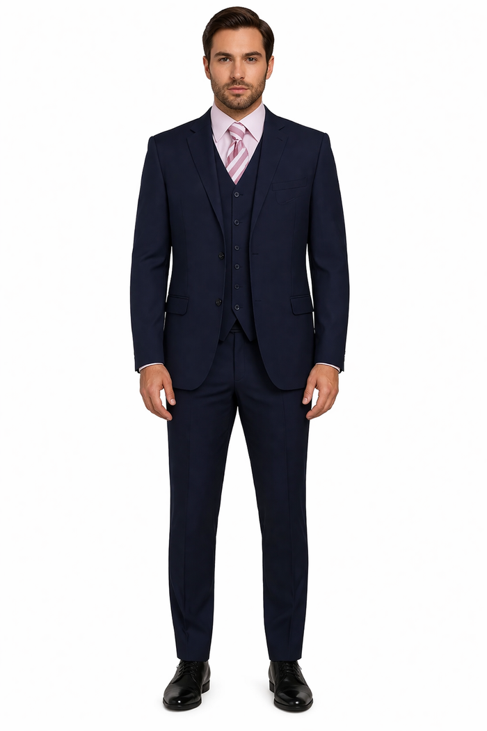 Classic Fit - Navy Suit - Three Button Vested Suit - Athletic Fit