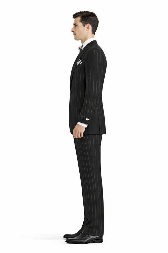 Classic Fit Suit Black Birdseye Wide Leg Pure Wool Suit and Vest for Men