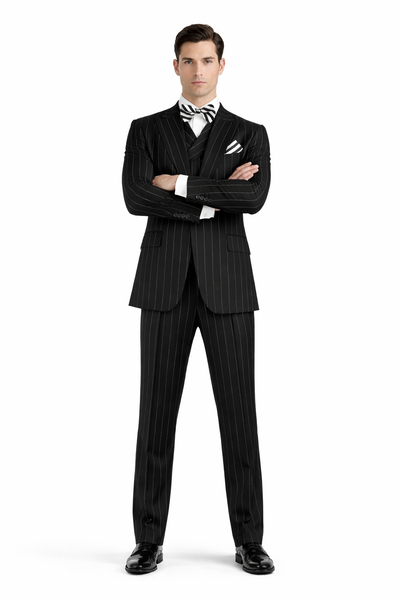 Classic Fit Suit Black Birdseye Wide Leg Pure Wool Suit and Vest for Men