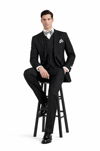 Classic Fit Suit Black Birdseye Wide Leg Pure Wool Suit and Vest for Men