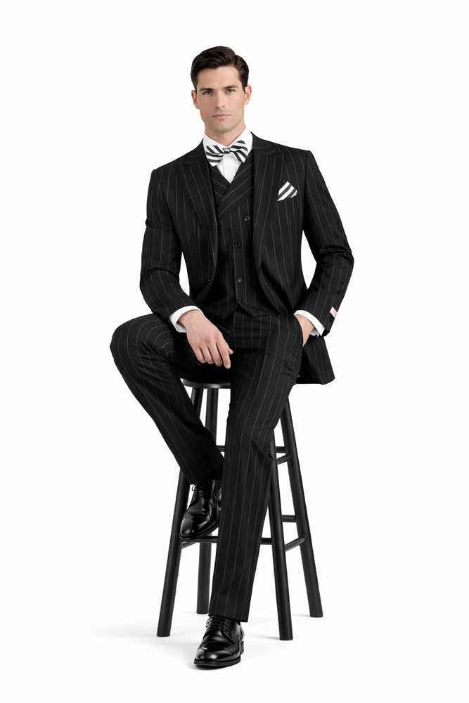 Classic Fit Suit Black Birdseye Wide Leg Pure Wool Suit and Vest for Men
