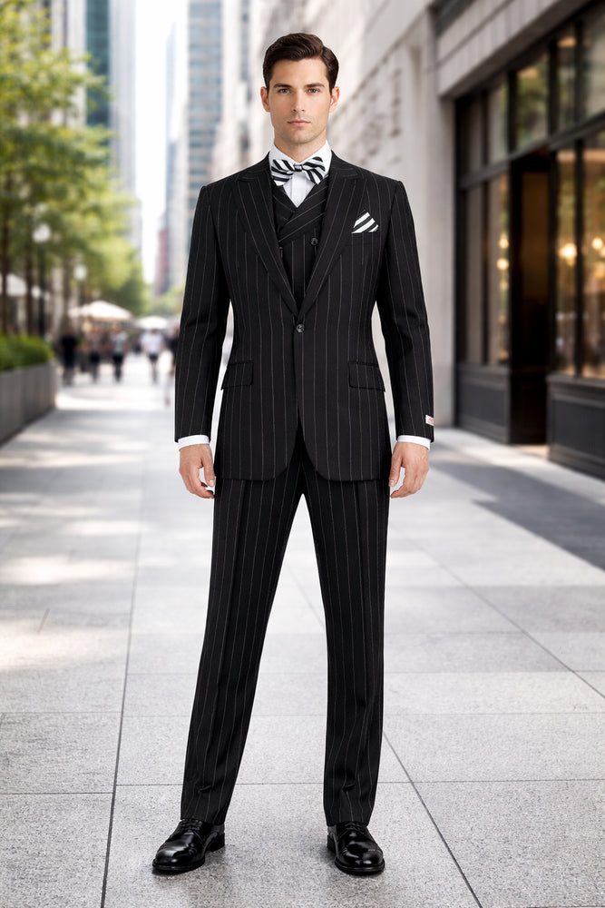 Classic Fit Suit Black Birdseye Wide Leg Pure Wool Suit and Vest for Men