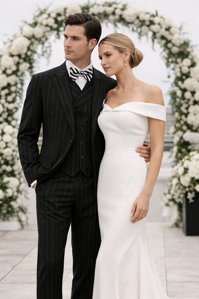 Classic Fit Suit Black Birdseye Wide Leg Pure Wool Suit and Vest for Men
