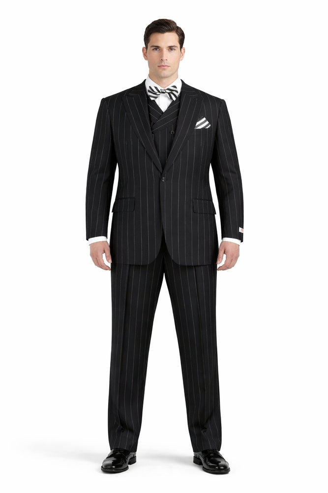 Classic Fit Suit Black Birdseye Wide Leg Pure Wool Suit and Vest for Men