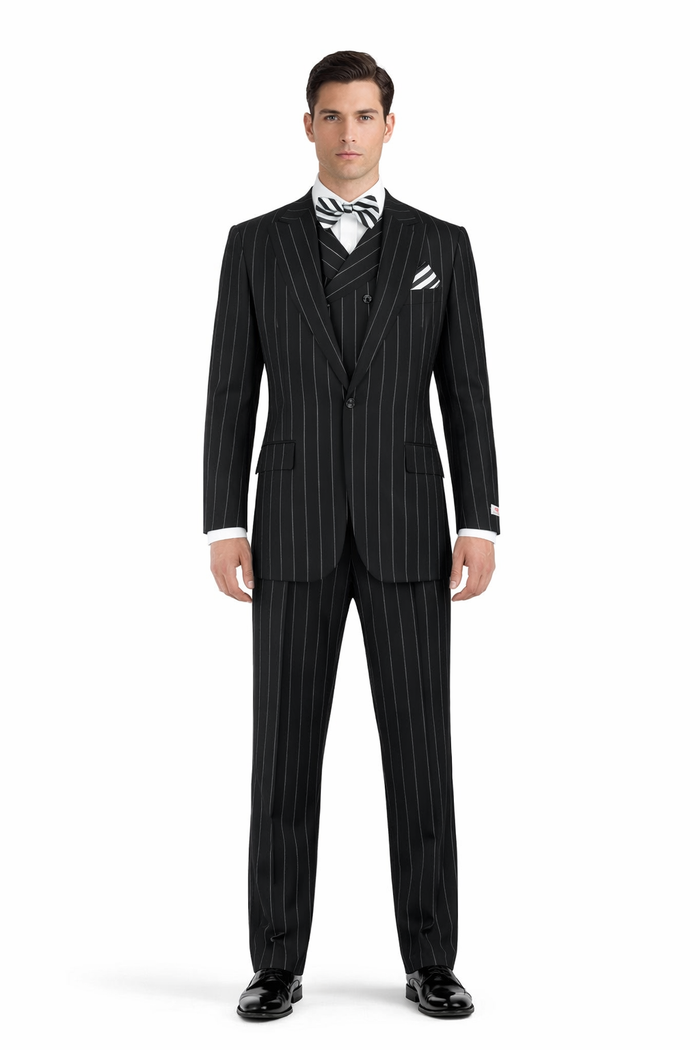 Classic Fit Suit Black Birdseye Wide Leg Pure Wool Suit and Vest for Men