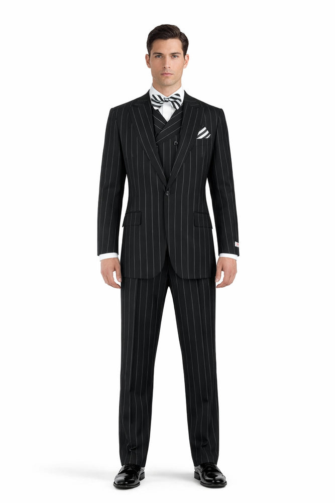 Classic Fit Suit Black Birdseye Wide Leg Pure Wool Suit and Vest for Men