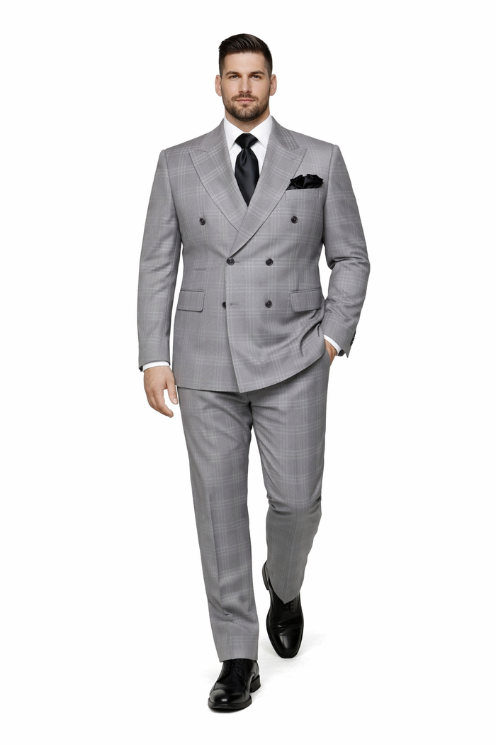 Grey Windowpane Double-Breasted 3-Piece Executive Suit