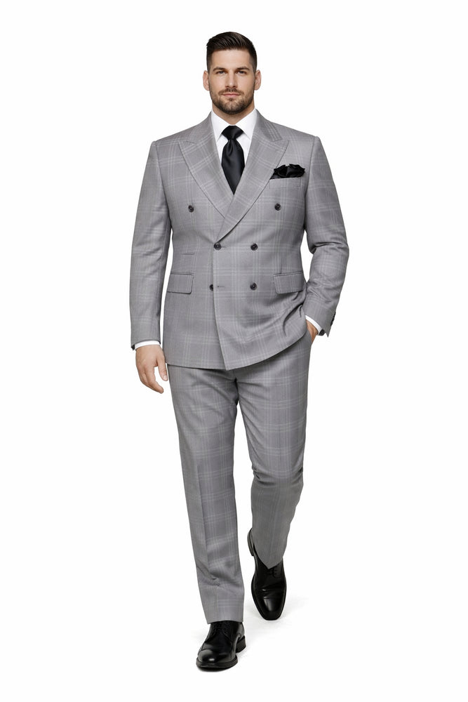 Grey Windowpane Double-Breasted 3-Piece Executive Suit