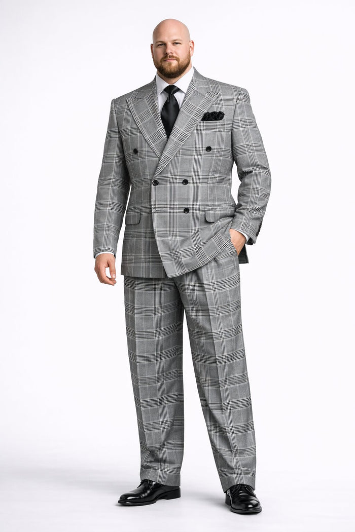 Suits With Baggy Pleated Pants - Wide Leg Pants 100% Wool - Classic Fit in Black and White Plaid Color by Rossiman
