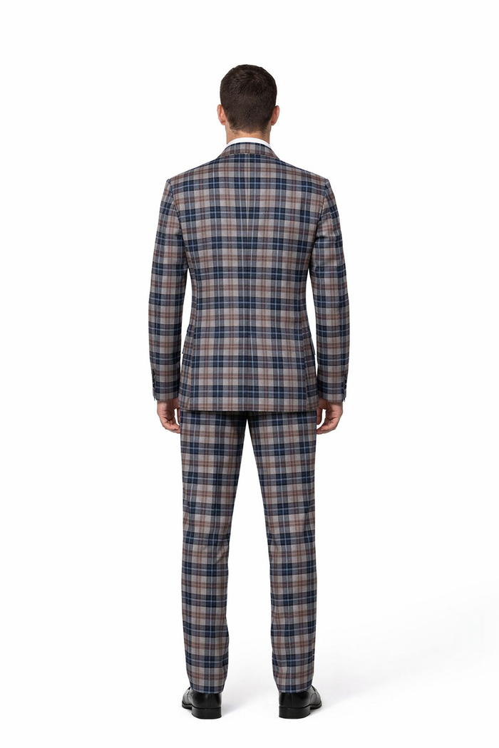 Camel & Navy Tartan 3-Piece Modern Wedding Suit