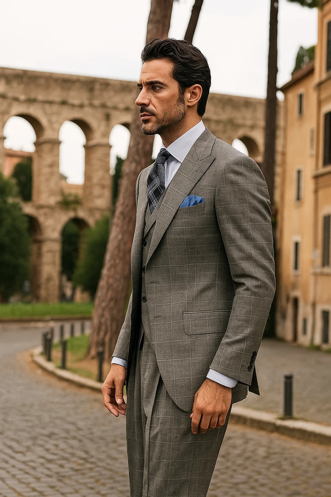 classic-wool-fabric-fit-no-pleated-pants-peak-lapel-with-double-breasted-vest-athletic-fit-grey-windowpane-mens-suit