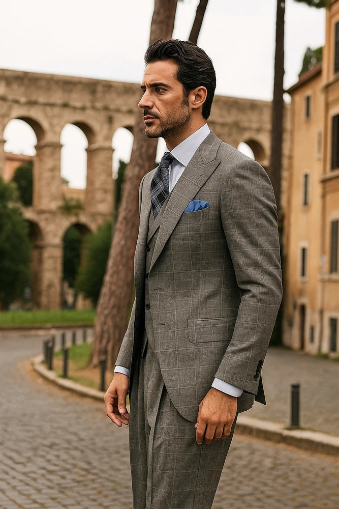 classic-wool-fabric-fit-no-pleated-pants-peak-lapel-with-double-breasted-vest-athletic-fit-grey-windowpane-mens-suit