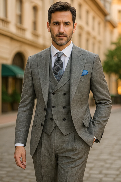 classic-wool-fabric-fit-no-pleated-pants-peak-lapel-with-double-breasted-vest-athletic-fit-grey-windowpane-mens-suit