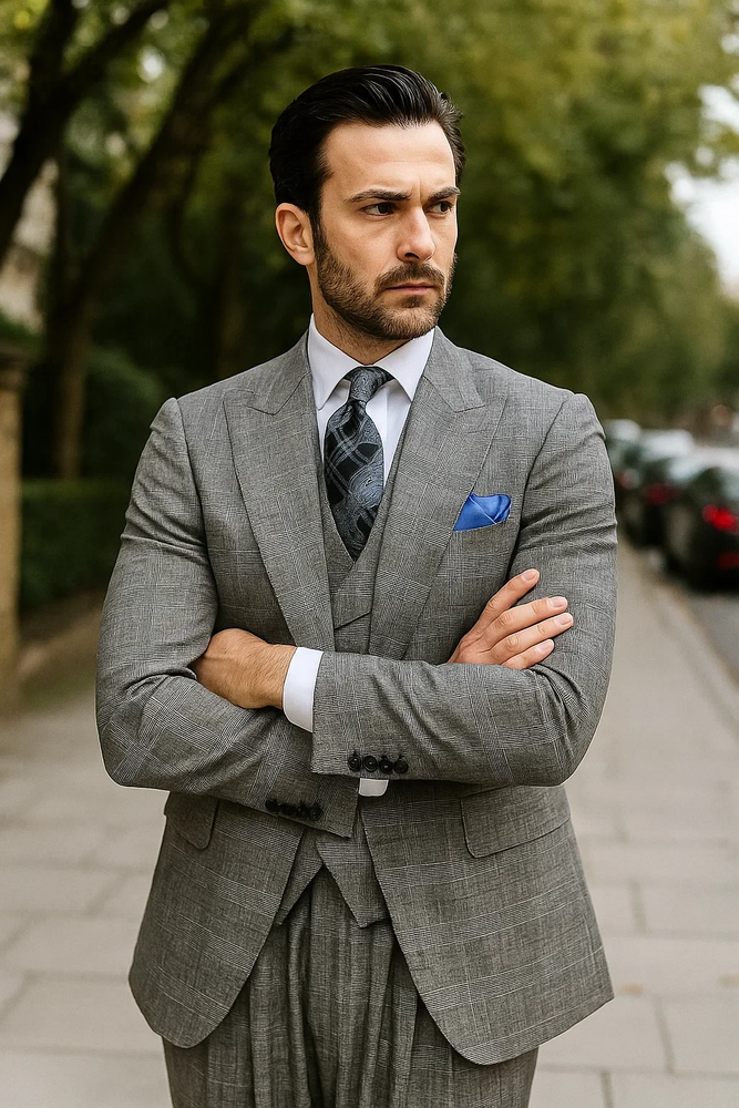 classic-wool-fabric-fit-no-pleated-pants-peak-lapel-with-double-breasted-vest-athletic-fit-grey-windowpane-mens-suit