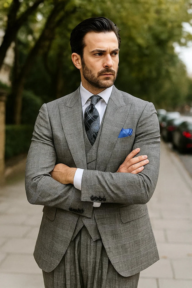 classic-wool-fabric-fit-no-pleated-pants-peak-lapel-with-double-breasted-vest-athletic-fit-grey-windowpane-mens-suit