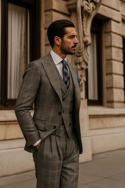 classic-wool-fabric-fit-no-pleated-pants-peak-lapel-with-double-breasted-vest-athletic-fit-grey-windowpane-mens-suit