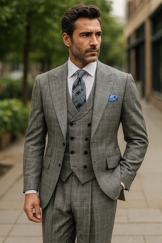 classic-wool-fabric-fit-no-pleated-pants-peak-lapel-with-double-breasted-vest-athletic-fit-grey-windowpane-mens-suit