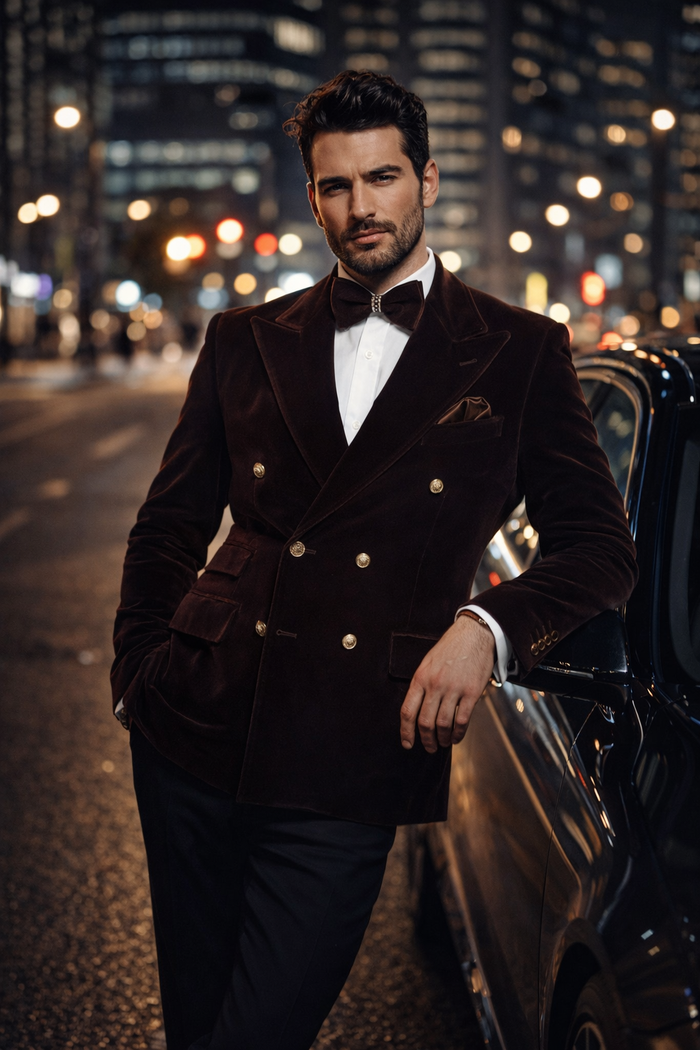 Cocoa Regent Velvet Double-Breasted Tuxedo Suit by Rossiman